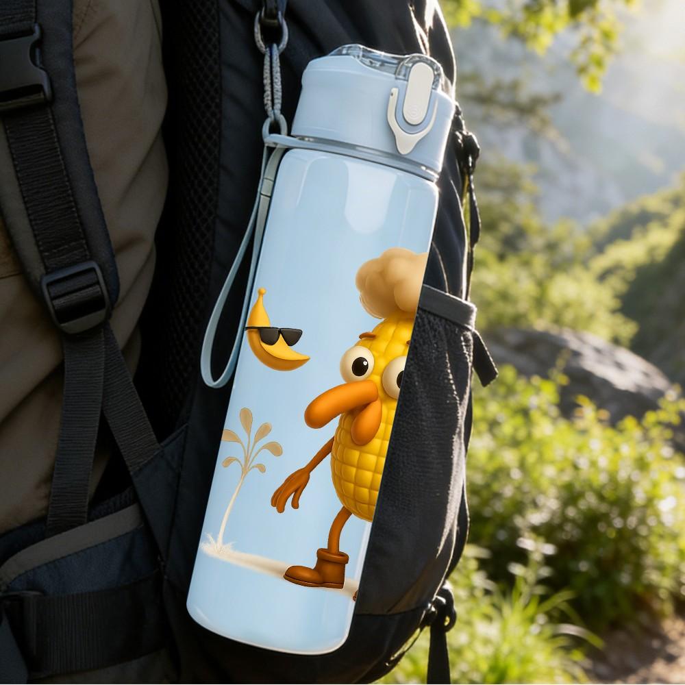 1PC Corn Chicken Hat Cartoon Funny 750ml Color Plastic Sports Water Bottle Leakproof Flip Straw Lid Suitable for Sports Office Home Use