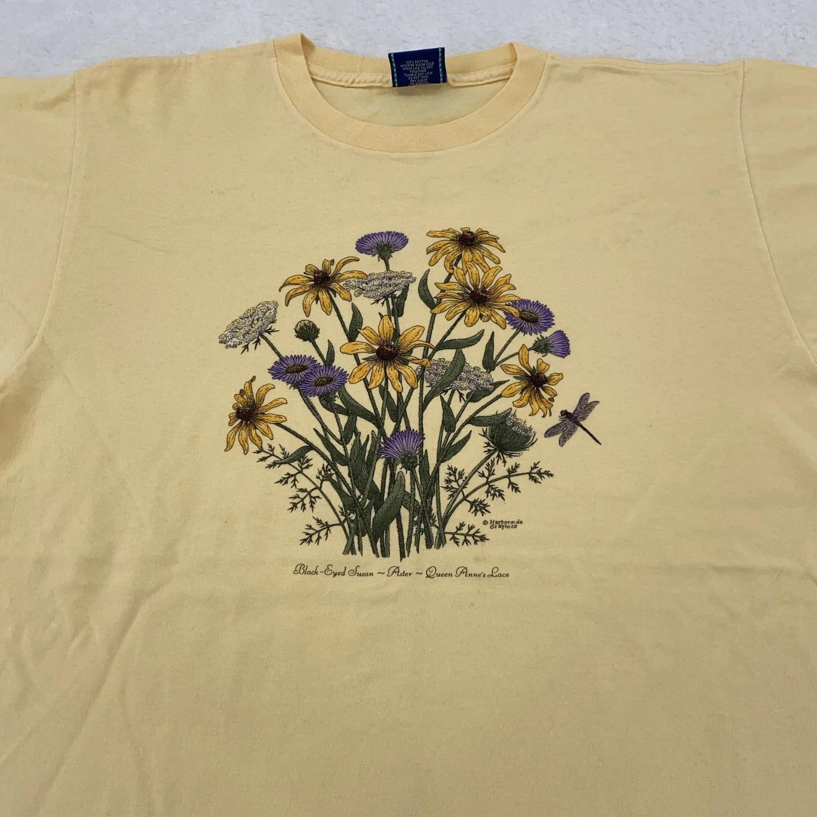 

Vtg Wildflowers Black Eyed Swan Aster Queen Anne s Lace Shirt Large Nature 90s XL