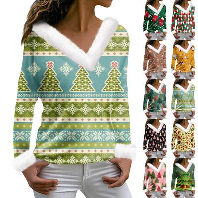 Women's T Shirt Tee Christmas Print Shirt Long Sleeve Party Fleece Collar V Neck Top