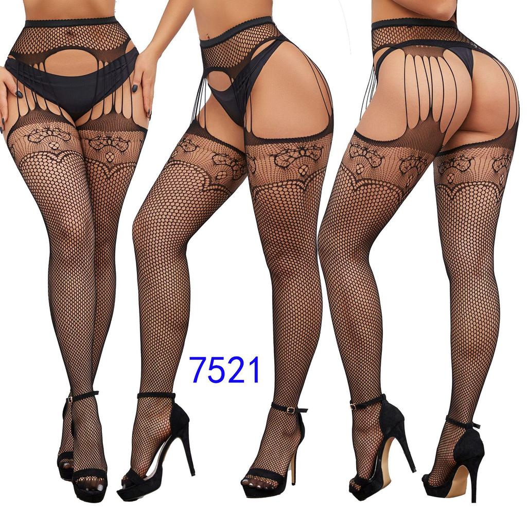 Women's Sexy Crotchless Fishnet Suspender Stockings with Eye Jacquard Design - Style 7501