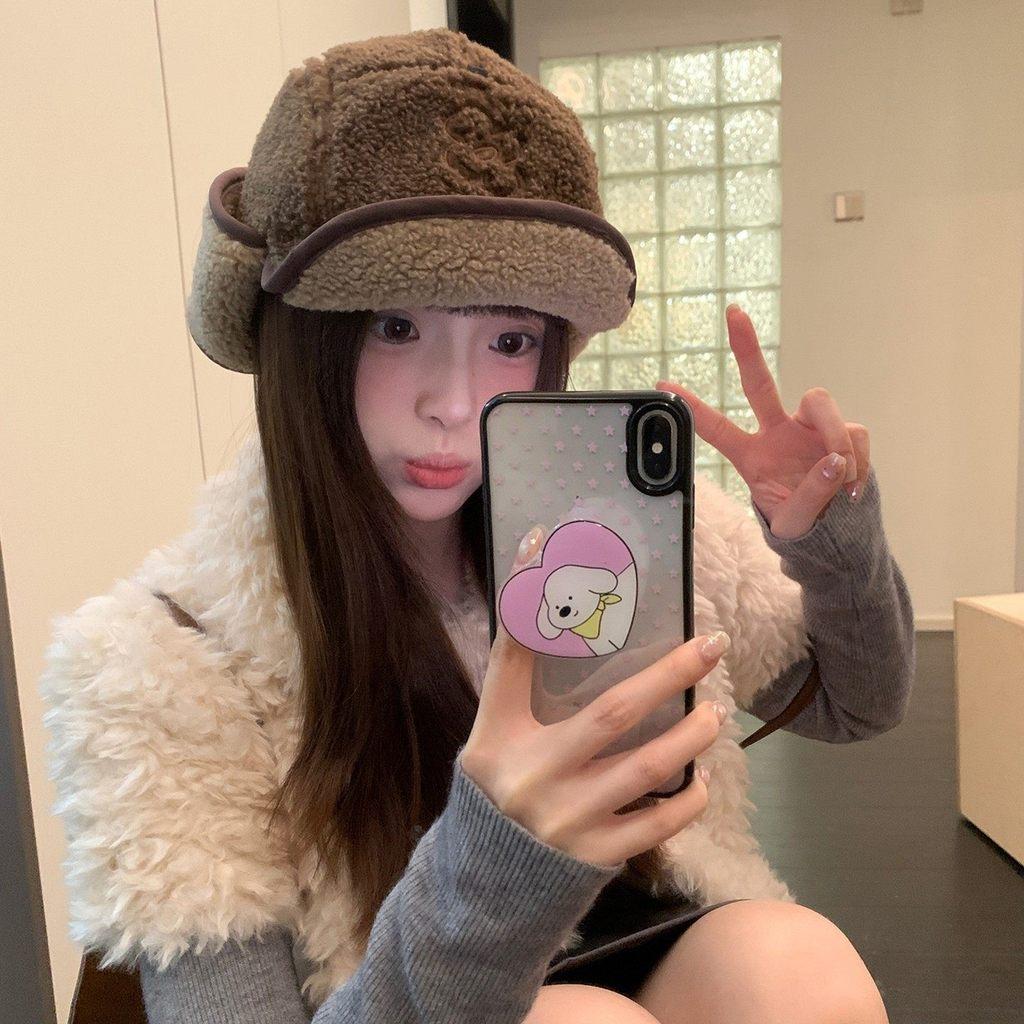 Winter Fluffy Embroidered Chenille Warm Earflap Cap For Men Women Outdoor