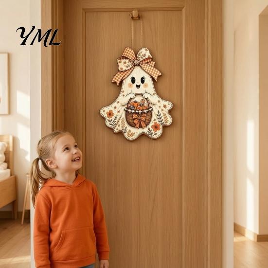 Indoor Wall Hanging Ornament Cute Bow Ghost Sign, Rustic Retro Floral Door Sign with Pumpkin Pastoral Autumn Hanger Basket, Vintage Halloween