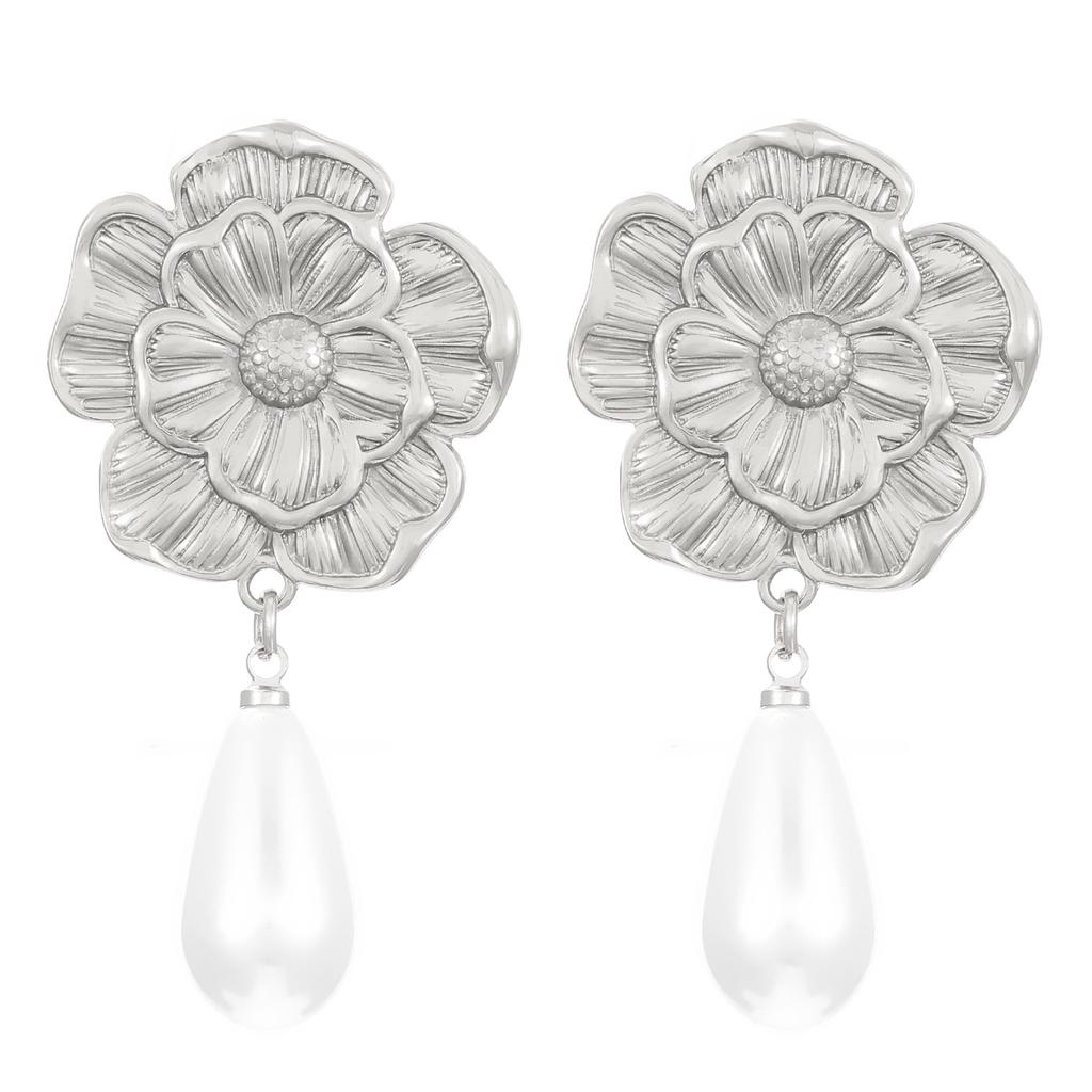 High-end Metal Flower Cold Wind Pearl Pendant Earrings Women's Niche Design Temperament Stud Earrings Wholesale