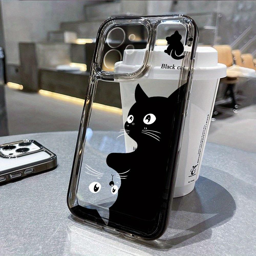 Cartoon Cute Black Cat Space Phone Case, Transparent Protective Cover for iPhone 16 15 14 13 12 11 Pro Max XS XR X 8 7 Plus SE 2022, 1pc