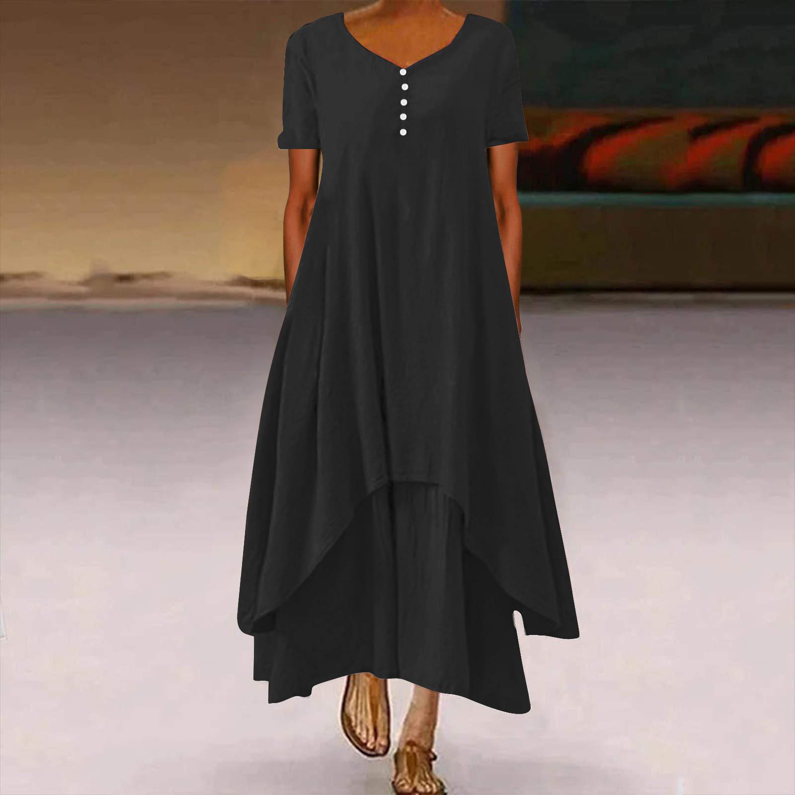 

Women s Fashion Boho Color Short Sleeve Loose Casual Irregular Dress L чёрный