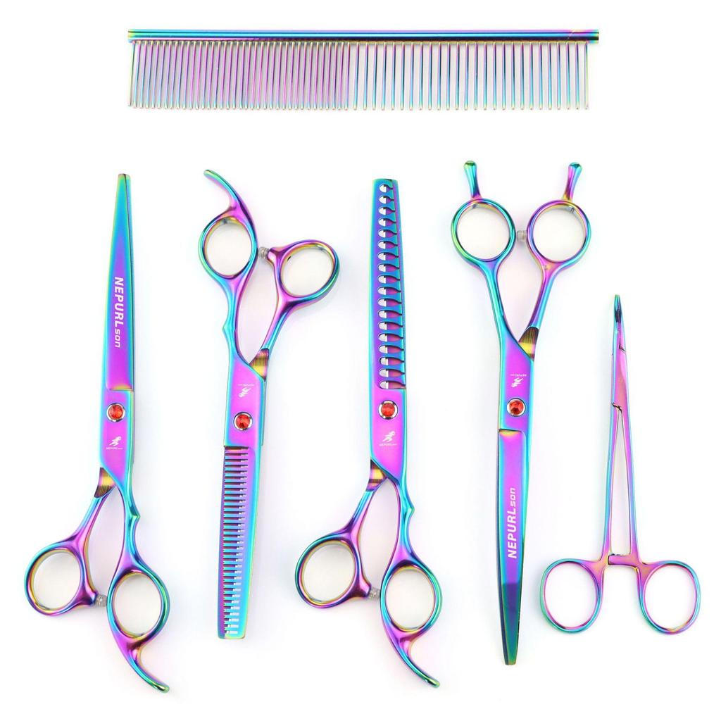 7.0-Inch Purple Plating Pet Grooming Scissors Set: Straight, Fine-Tooth, Serrated, and Fishbone Shears