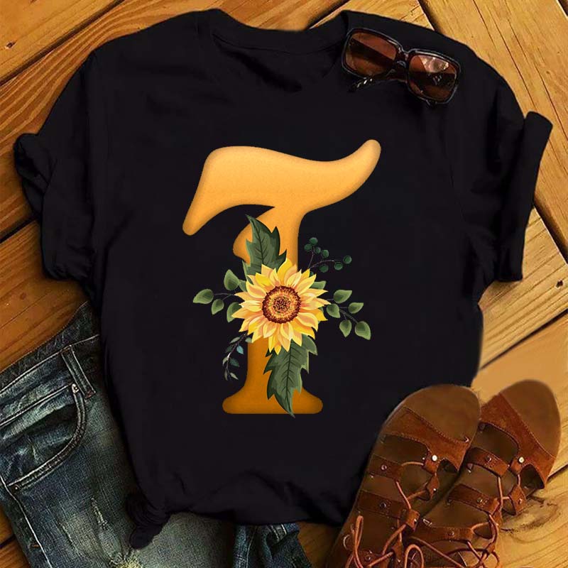 Maycaur Women's T Shirt Custom Name Letter Combination Print Tshirt Sunflower Letter Font A B C D E F G Short Sleeve Ladies Tops