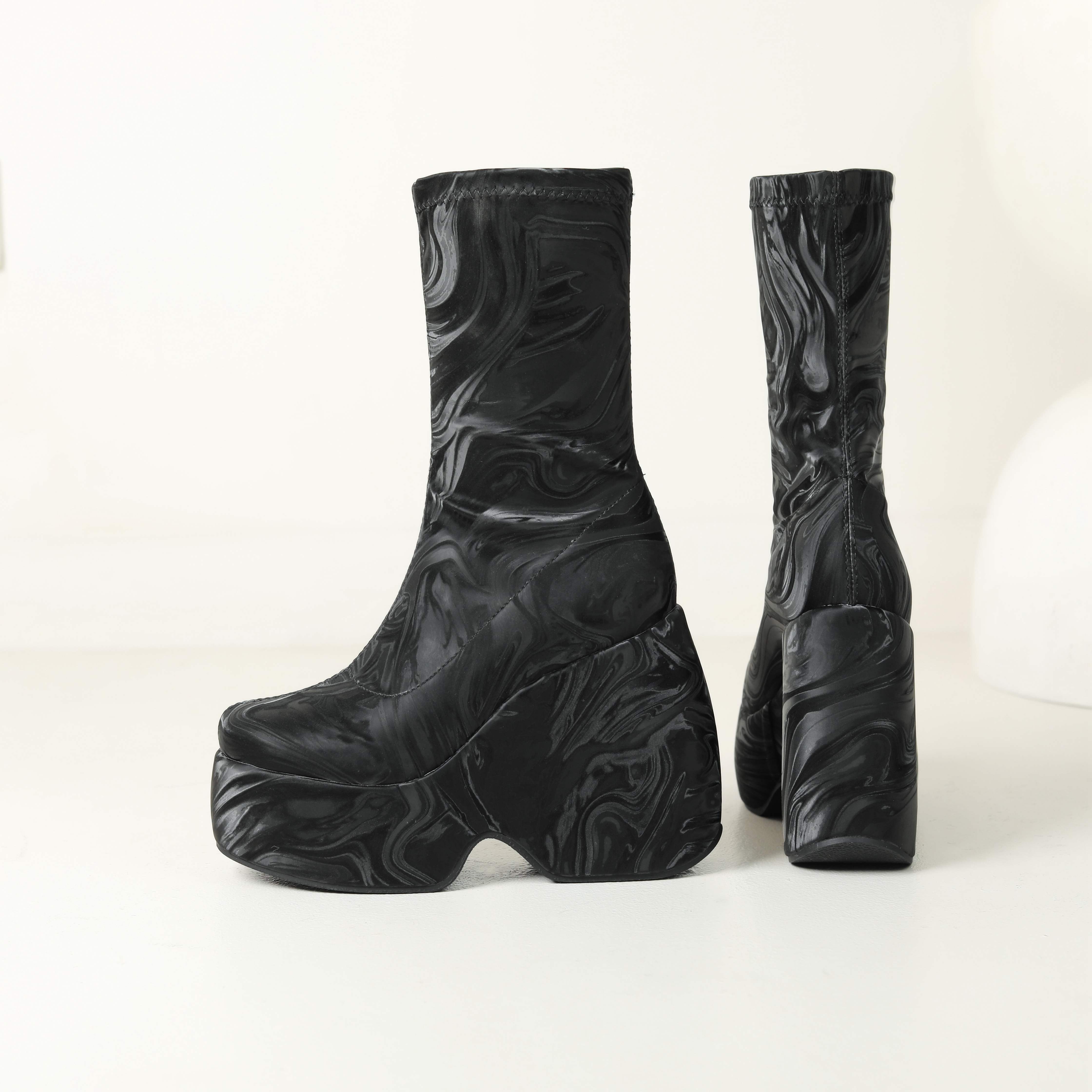 Осенне-зимняя обувь Lenkisen Flock на очень высоком каблуке с принтом на танкетке эластичные ботинки на платформе сохраняющие тепло модные ботинки до середины голени 34 чёрный 6694₽