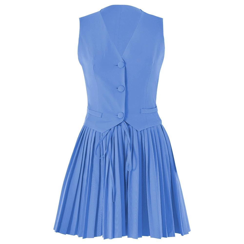 

Летний сексуальный лоскутный комплект из 2 предметов, женские элегантные однобортные топы + плиссированные мини-юбки, модные однотонные тонкие офисные женские костюмы в стиле ретро L синий