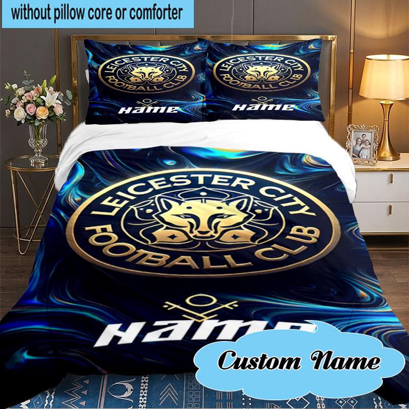 Custom Name Leicester FC Crest Bedding Set 3pcs, Bedding Set Including 1pc Duvet Cover And 2pcs Pillowcases for Bedroom, Dormitory Gift