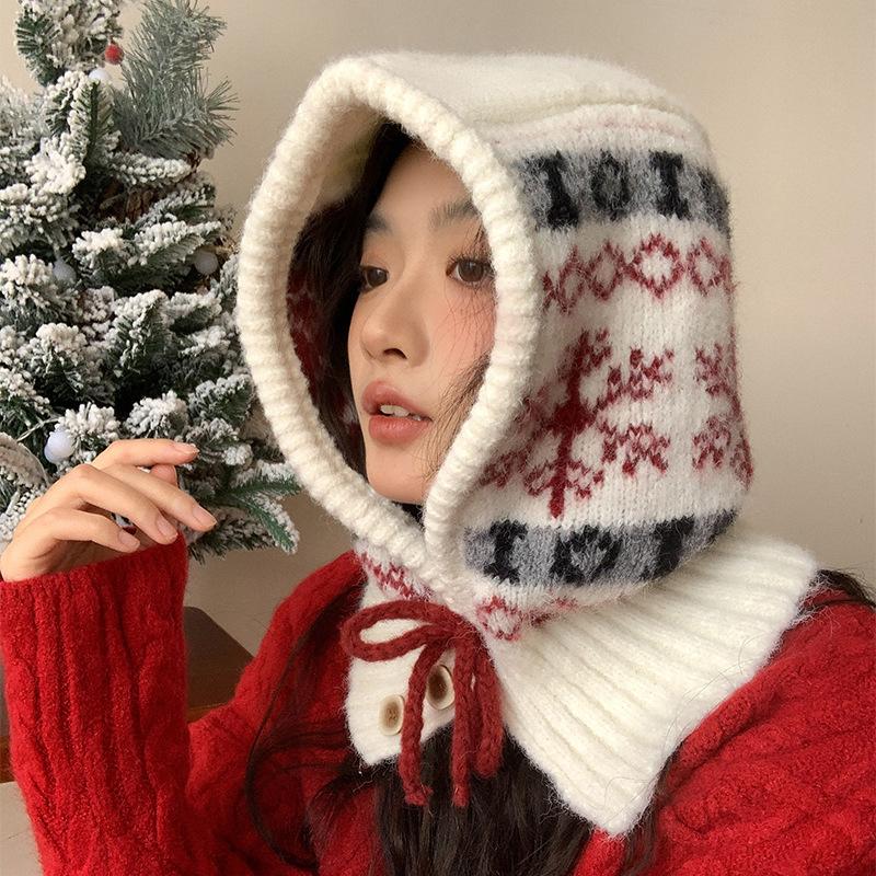 Snowflake Balaclava Hat for Women Autumn and Winter New Knitted Hat Warm Neck Scarf Integrated Ear Protection Woolen Hat