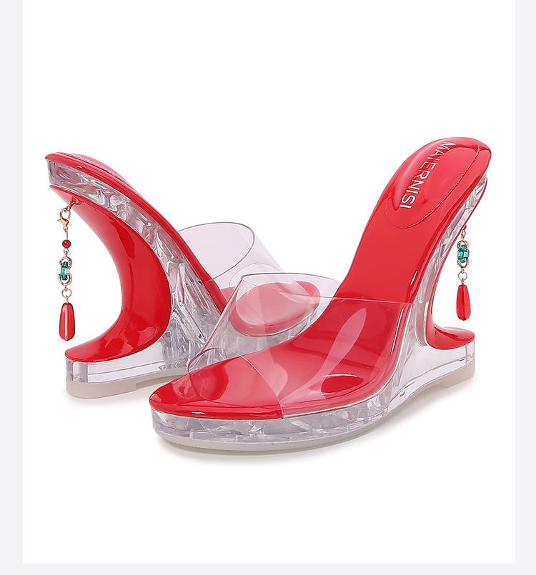Summer Bridal Red Wedges Crystal Slippers Transparent 12cm High Heels Sandals Shoes Woman Sandalias Catwalk Shows Diamond Pumps