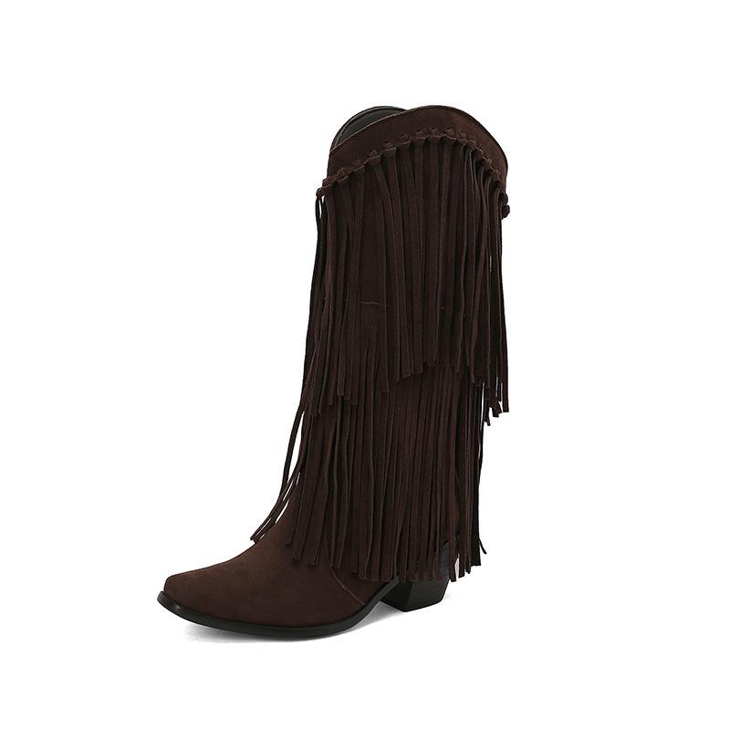 Autumn and winter new ebay supply fringed  boots size small square head solid color versatile high heel medium boots