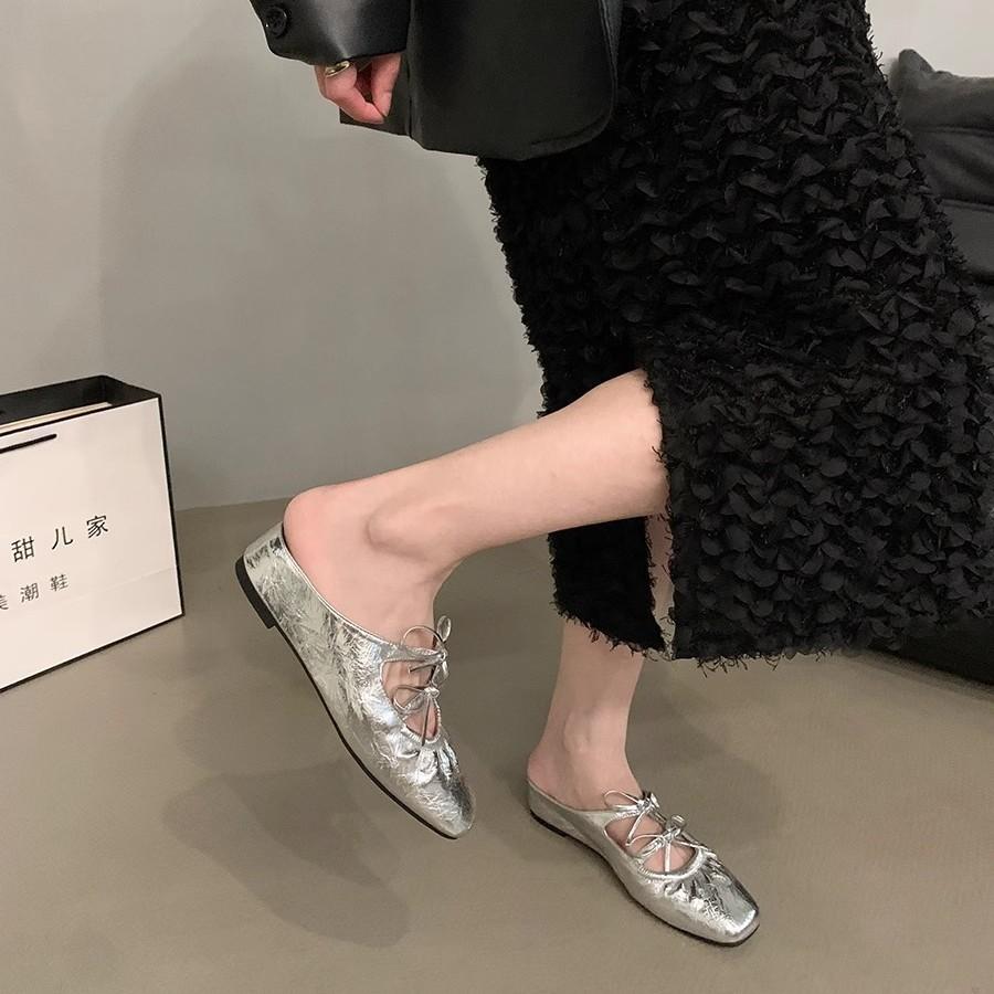 Inner Height-increasing Bow Silver Bag Head Half-drag Women's Shoes Fashionable Outer Wear 2025 New Summer Mary Jane Sandals