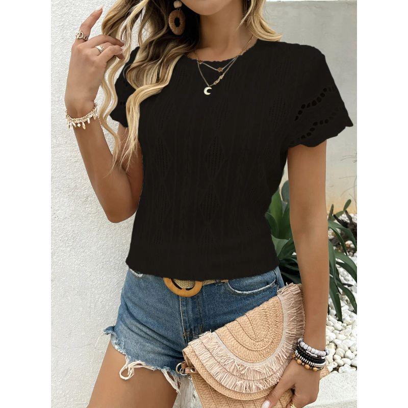European and American New Fashion round Neck Hollow out Short sleeve round Neck T-shirt Top Women Women's T-shirt Top