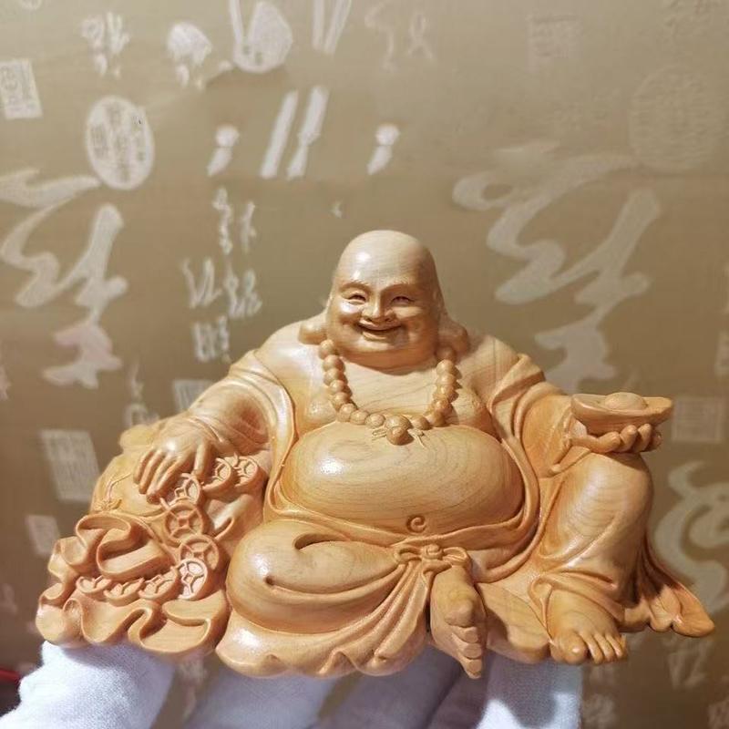 Natural Cypress Ingot Maitreya Buddha  Statue Chinese characteristic wood carving Home, Room, Office, God of Wealth Accessories