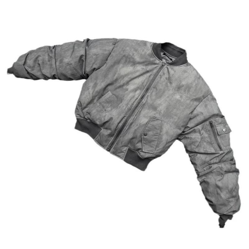 Winter Vintage Distressed Style Wrinkle Design Bomber Baseball Jacket Cotton American Hip Hop Coat Warm Parka