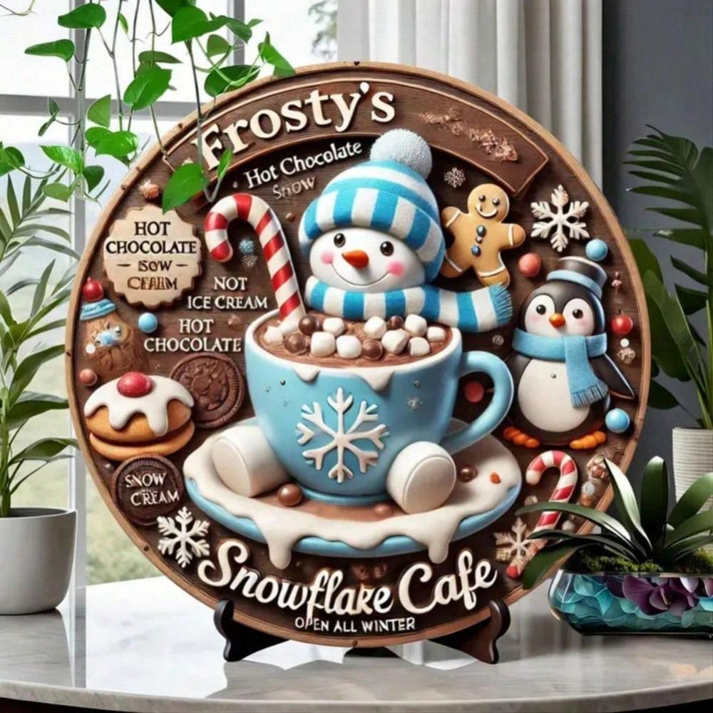 Winter Joy Cafe Metal Wall Art Frosty Snowflake Round Sign Home Decor Gift