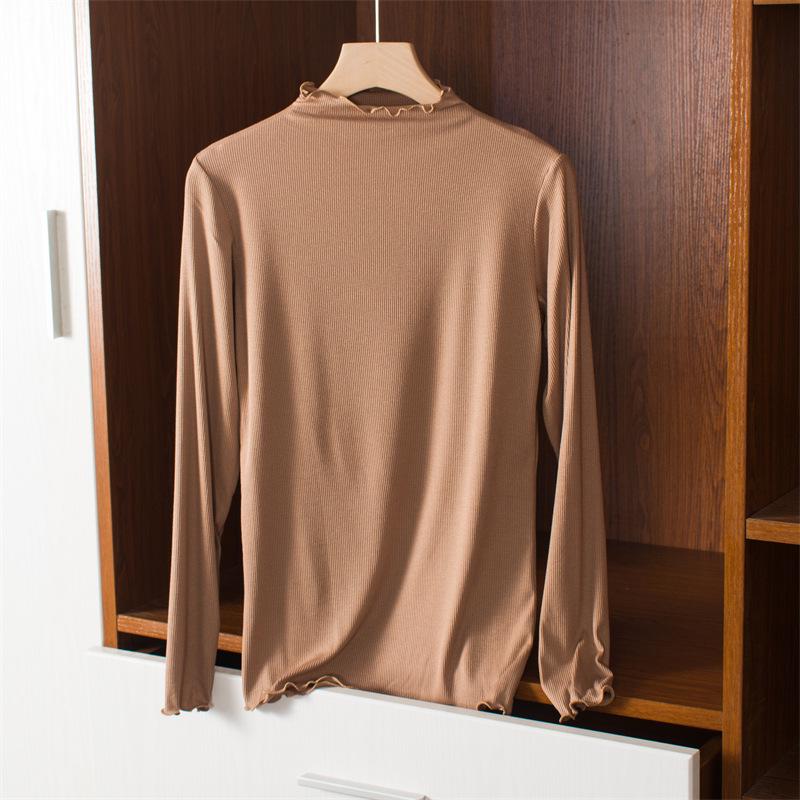 Women's Korean Style Modal Long Sleeve Base Layer T-shirt, Half-High Neck, Plus Size, Thin, Solid Color, Autumn Top