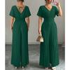 Women's V Neck Short Sleeve High Waist Pleated Jumpsuit Casual Wide Leg Pantsuit
