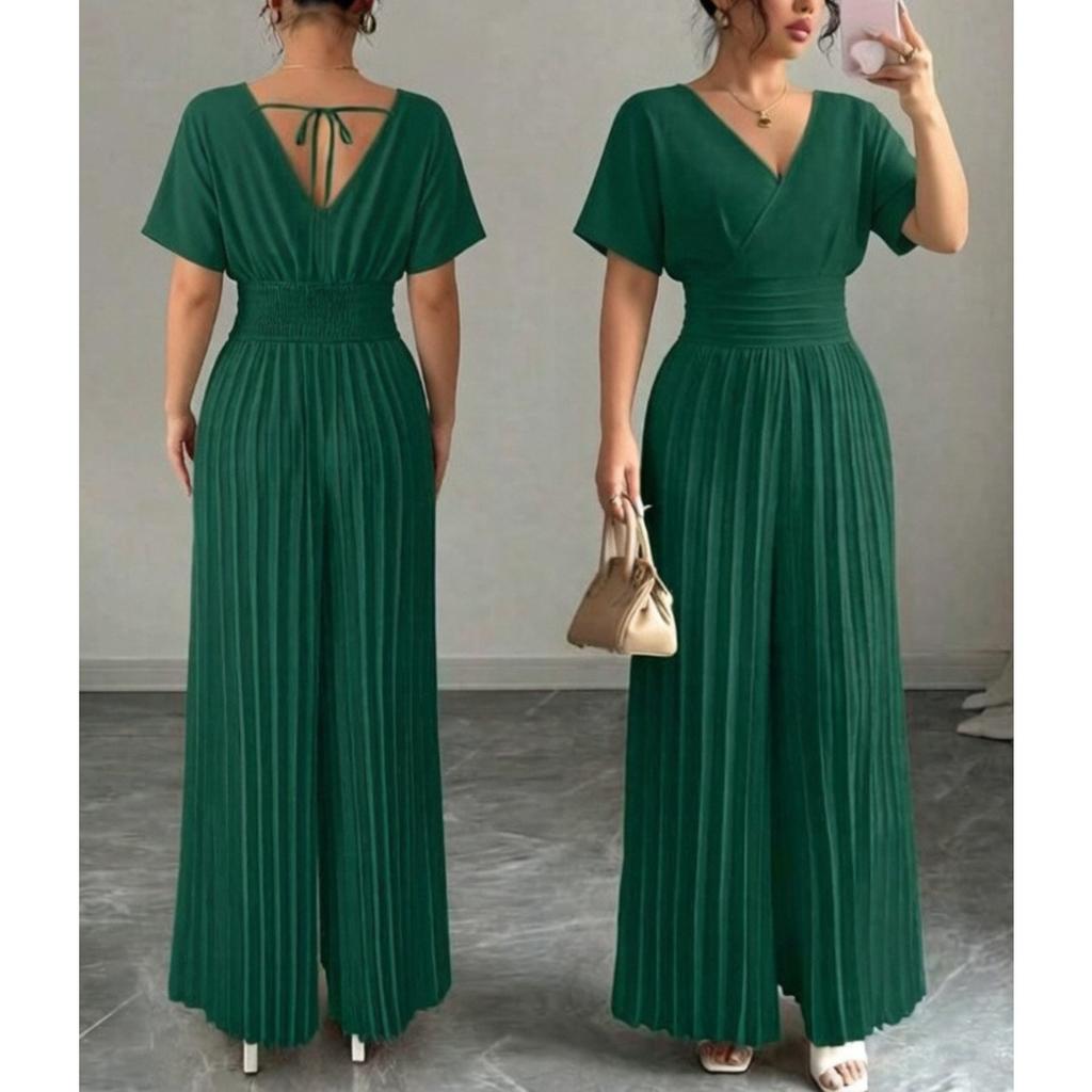 Women's V Neck Short Sleeve High Waist Pleated Jumpsuit Casual Wide Leg Pantsuit