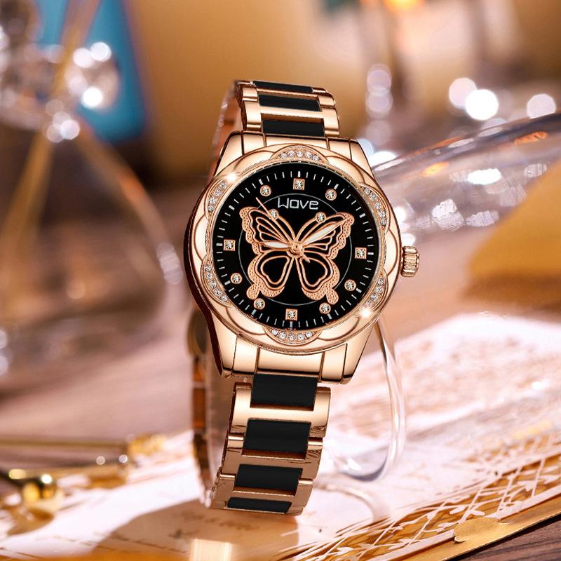 Women Quartz Watch Simulation Ceramic Rhinestone Butterfly Wristwatch