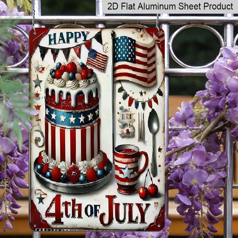 2D Flat 4th of July Aluminium Sign Vintage Independence Day Celebration Metal Sign Print Aesthetic Room Decoration for Home Bedroom Kitchen Bar