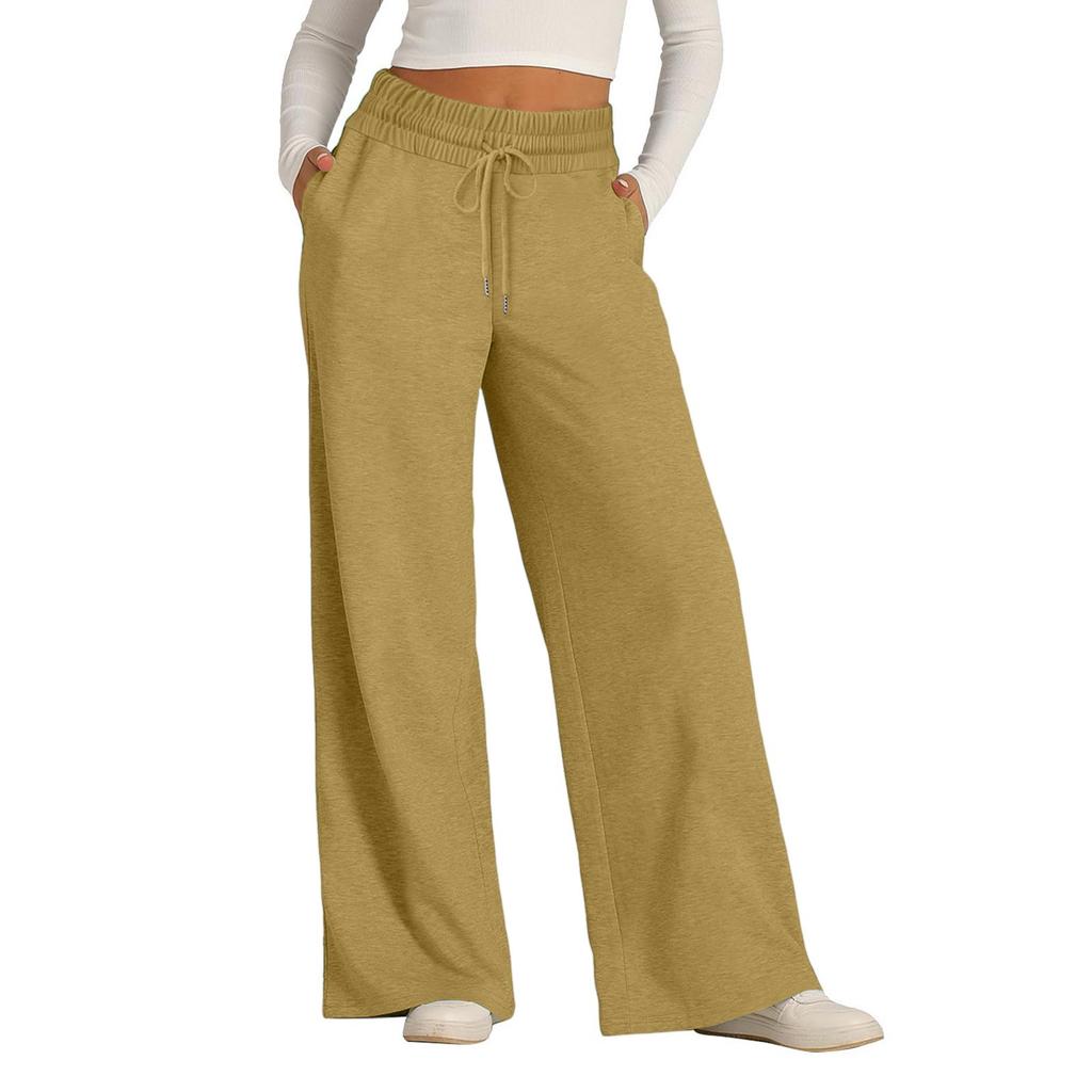 Women's Casual Fashion Solid Color Elastic Waist Drawstring Pockets Wide Leg Straight Pants