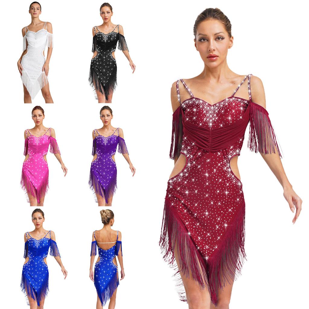 Women Latin Dance Cha Cha Tango Performance Costume Cutout Backless Spaghetti Straps Fringe Shiny Rhinestones Dress