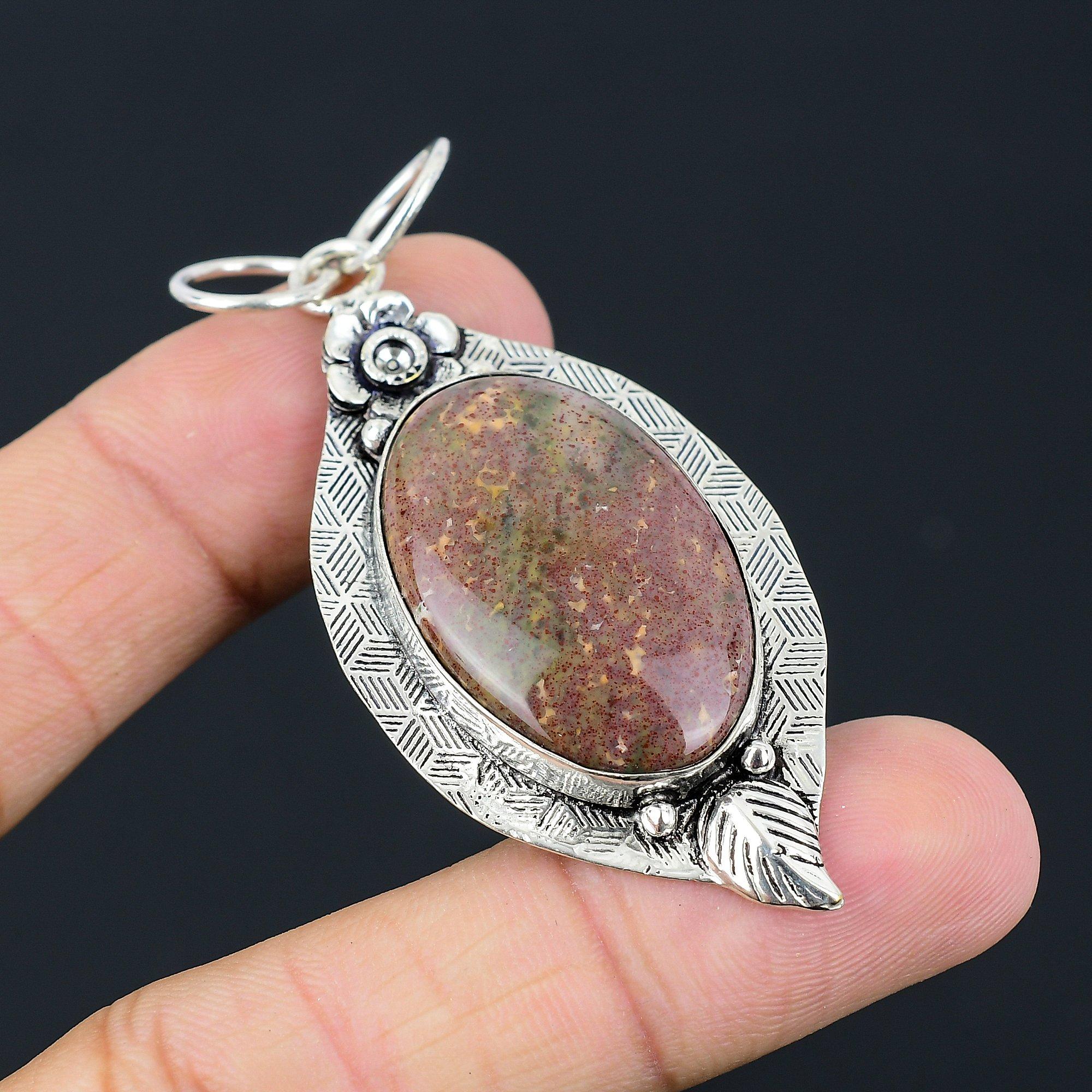 Anniversary Gift For Her Natural Bloodstone Gemstone Pendant Flower 925 Silver