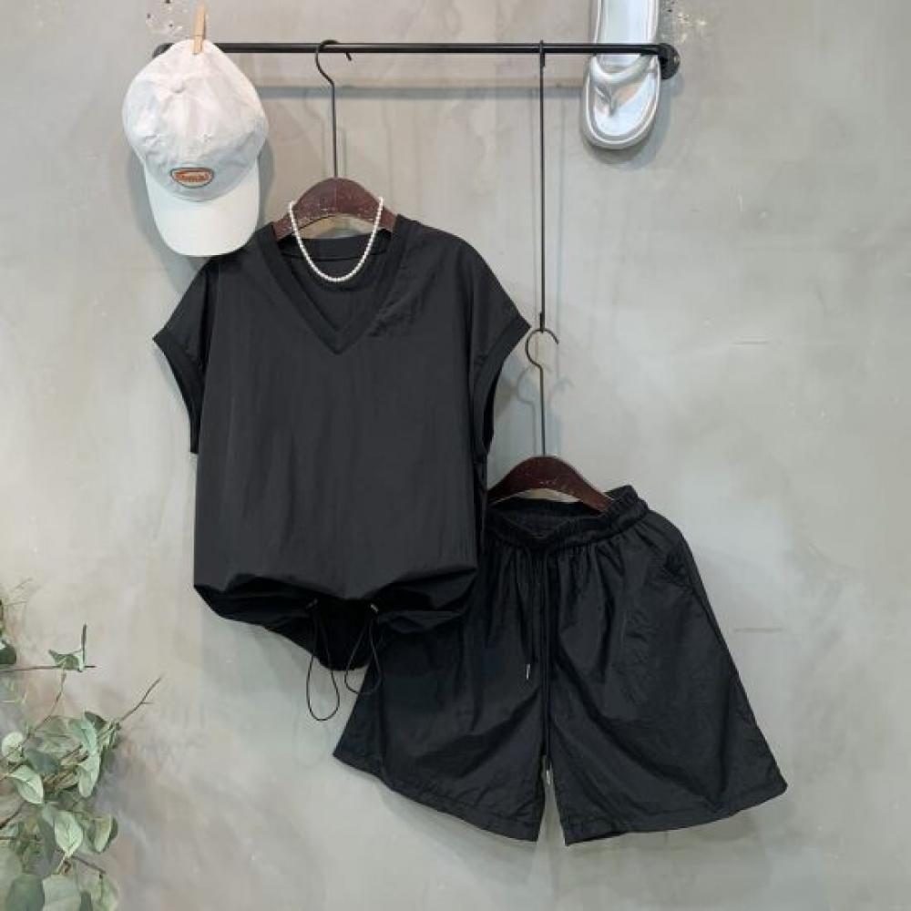 C S In The Room V neCk Cap SleeVe STrIng T ShirT And Bonded ShorTS SeT 2Color