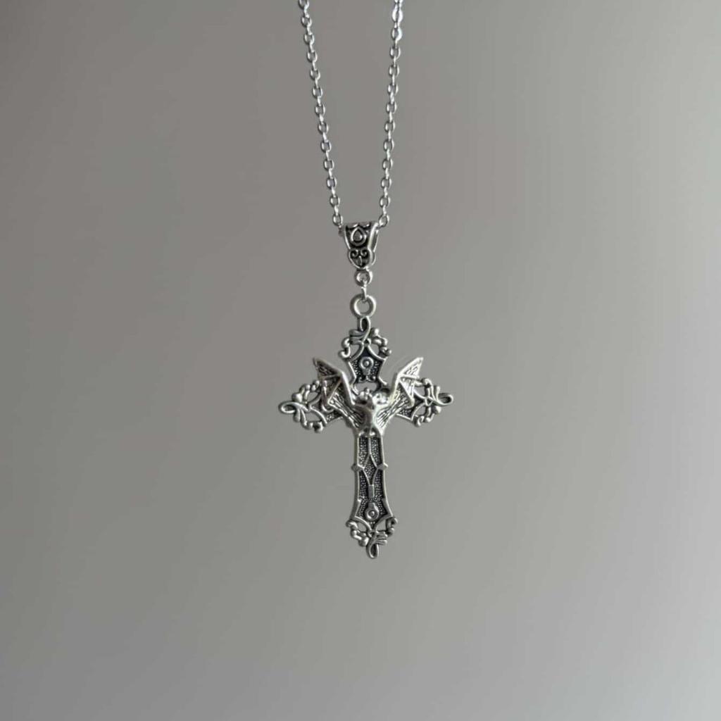 Baroque Bat Pendant Necklace, Gothic Cross Pendant, Vintage Bohemian Necklace, 80s Style Jewelry