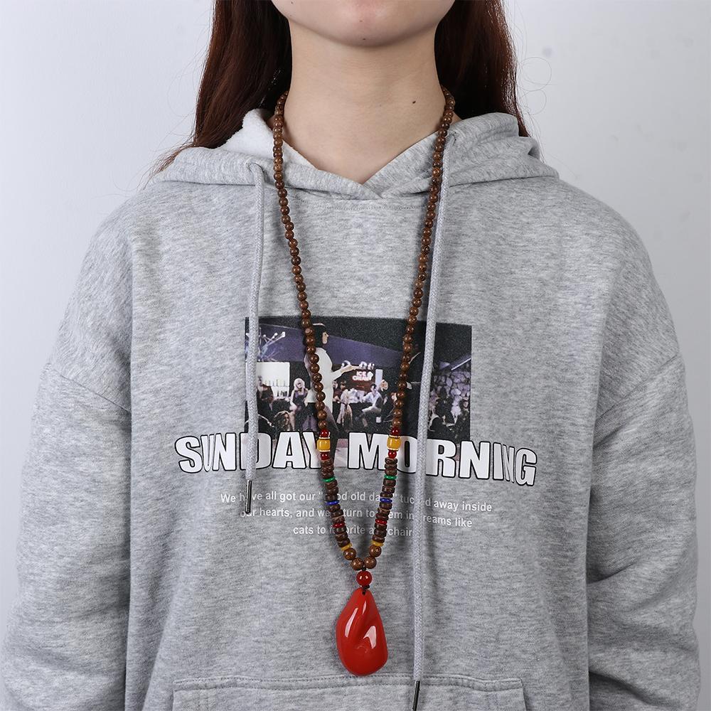 Vintage Party Lucky Gift Handmade Nepal Necklace Buddhist Mala Wood Bead Horn Fish Pendant