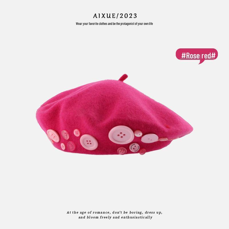 

Уютный кофейно-коричневый шерстяной берет - Женская ретро осенне-зимняя шляпа художника с деталями в виде пуговиц. розы красного