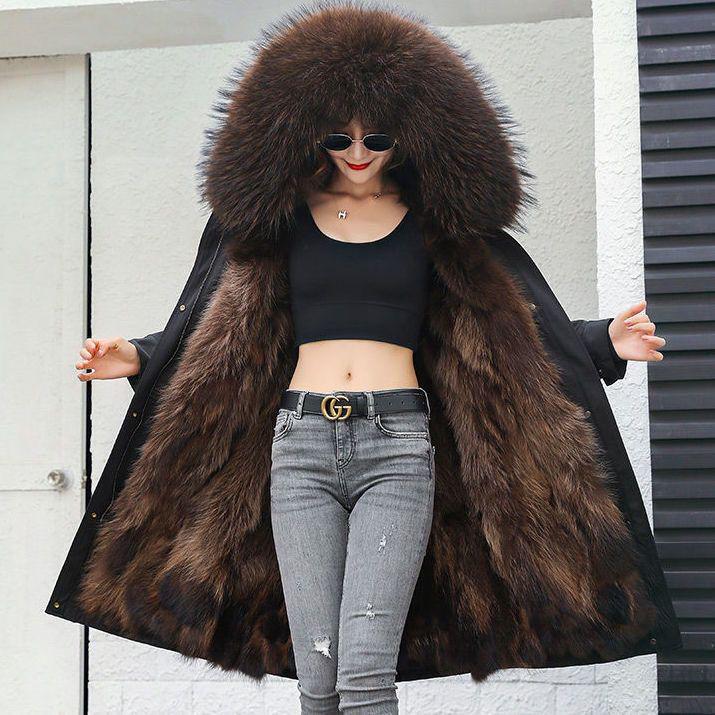 

Женская парка средней длины из искусственного меха со съемной подкладкой из меха лисы и енота 5XL 185–200 jin