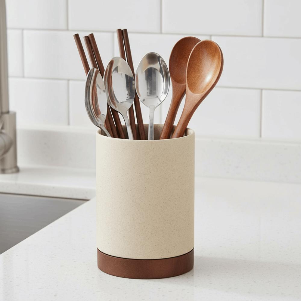 Ceramiczny stojak na sztućce z tacą ociekową Organizer na pałeczki Łyżka