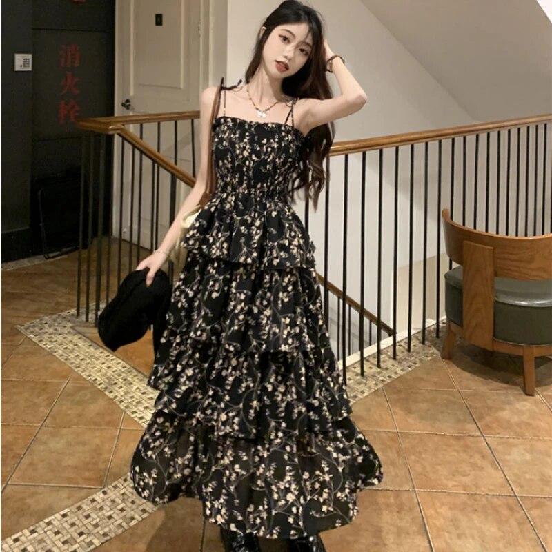 

Y2k цельное платье с цветочным принтом в корейском стиле, женское винтажное элегантное многослойное платье с высокой талией, черное длинное платье-комбинация, летние платья феи S чёрный