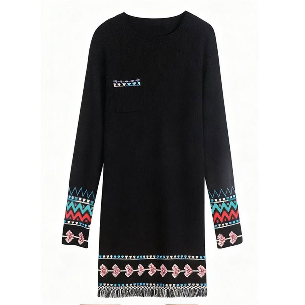 Damen Schwarzes Strickkleid Lässiges Kleid im Vintage-Stil Pullover Herbstmode Warme Kleidung