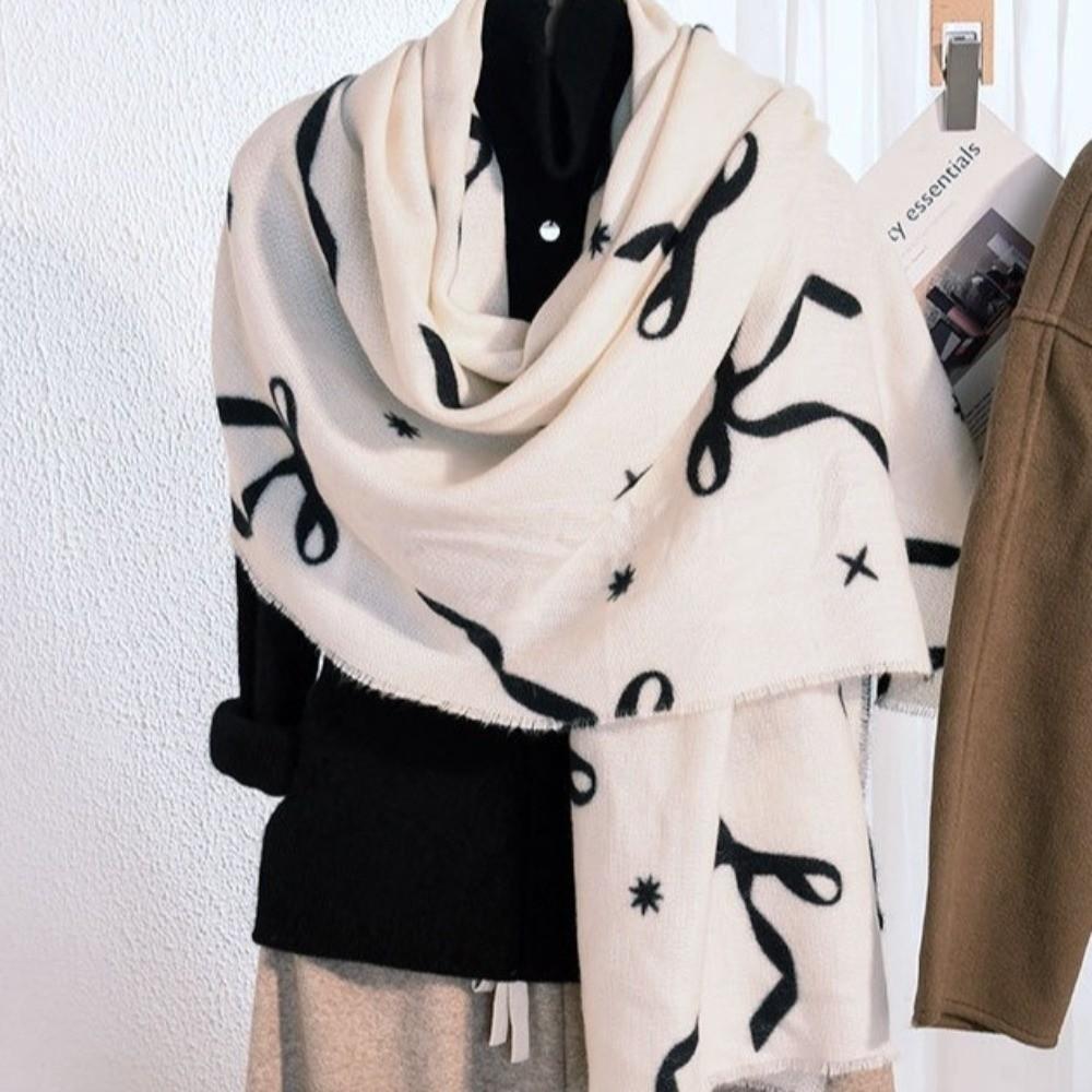 Printed Bow Wool Scarf Thicken Women Cashmere Shawl Temperament Winter Cashmere Scarves Female