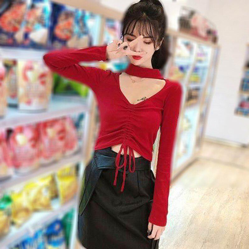 Women's T Shirt Camiseta Mujer Casual Long Sleeve Solid V-neck Crop Tops Woman Fashion Drawstring Bottom Top Tee Shirt Femme
