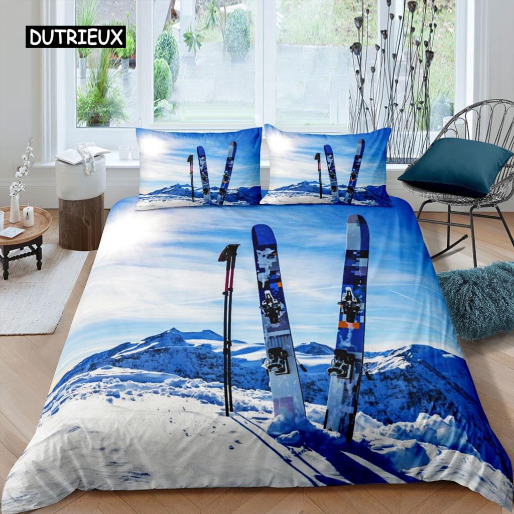 Ski-Bettbezug-Set, Cartoon-Ski-Bettwäsche-Set, Sport-Thema, Bettbezug, Extremsport-Design, Queen- und King-Size-Bettbezug