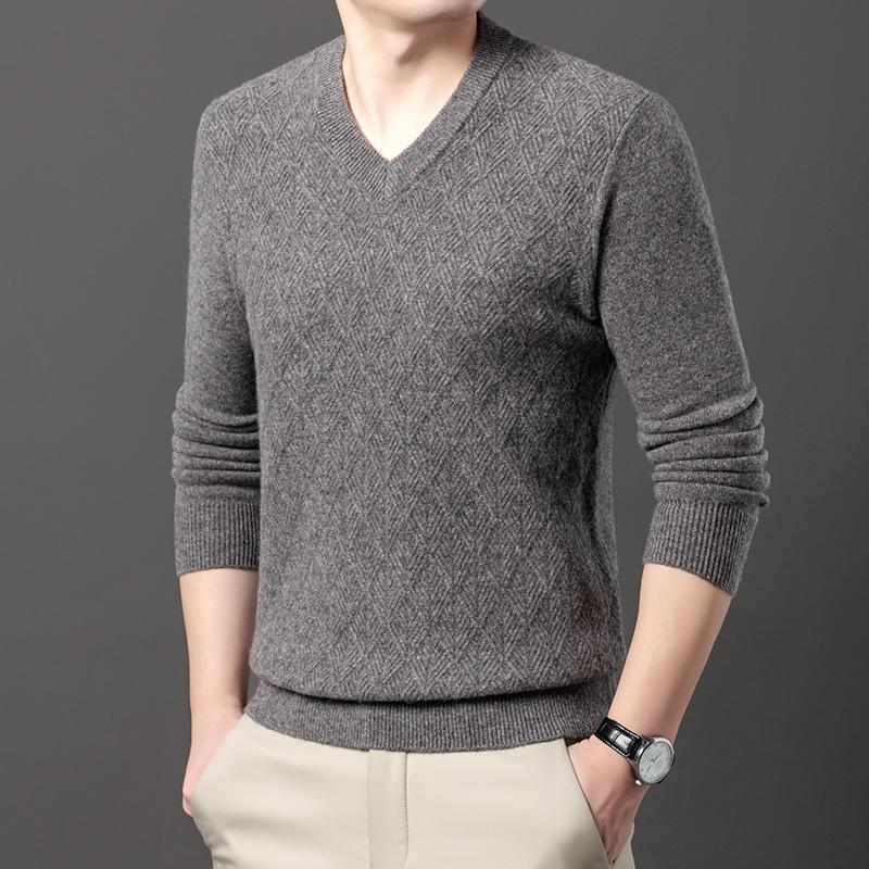 Autumn Winter 100% Sheep Wool Men's Sweater V-Neck Jacquard Smart Casual High Quality Knit Pullovers