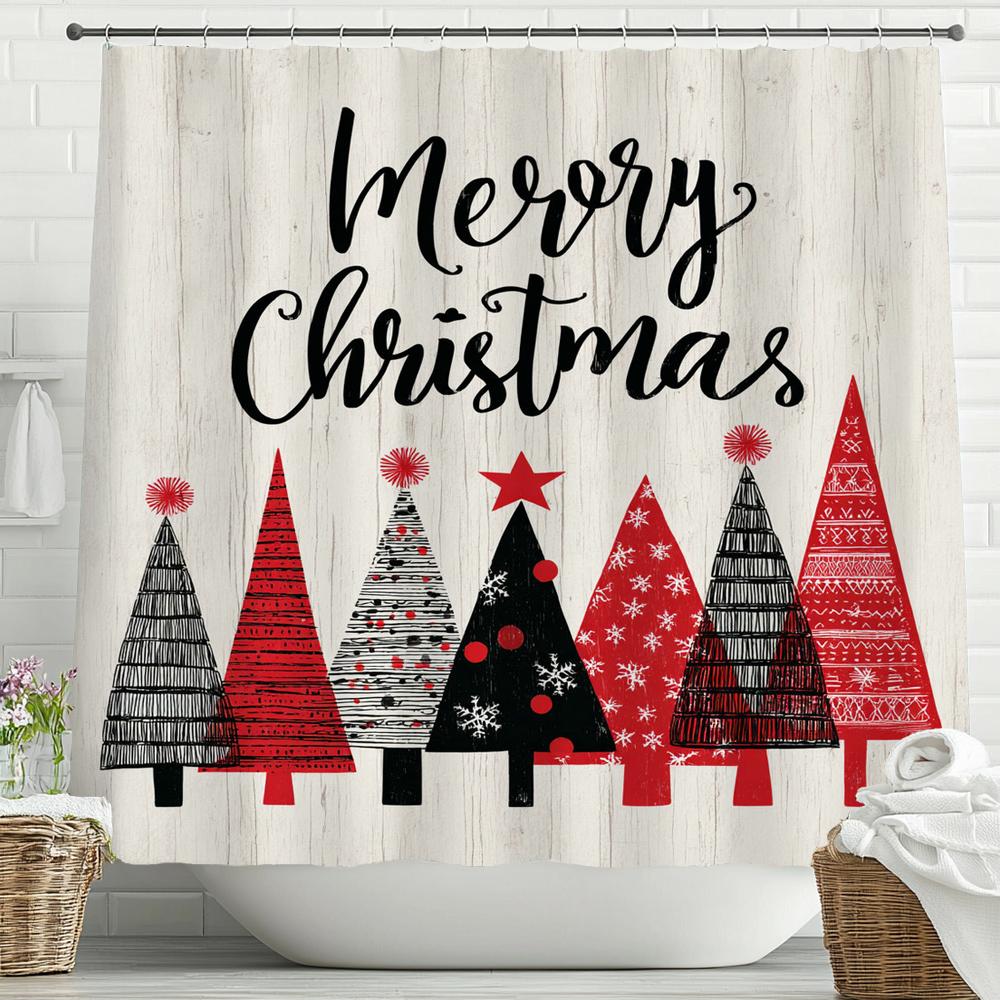 Merry Christmas Cartoon Shower Curtain, Bathroom Decorative Shower Curtain, Printed Christmas Tree Shower Curtain with Hooks