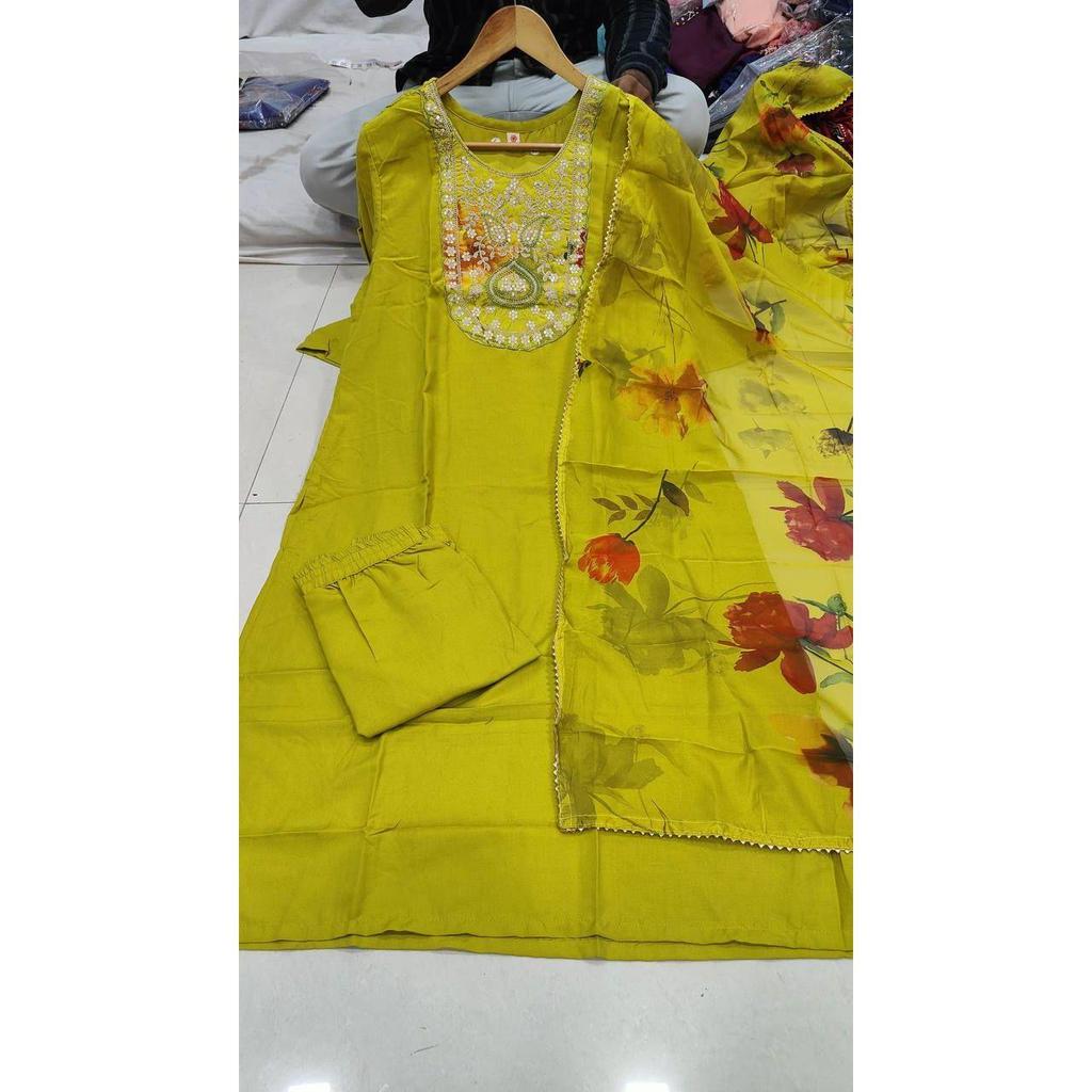 Women's Rayon Embroidered Straight Kurta with Pant And Dupatta Sets