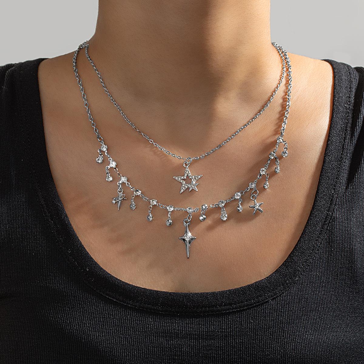 2 fashionable and simple zircon star tassel necklaces, double layered women s collarbone chain necklace