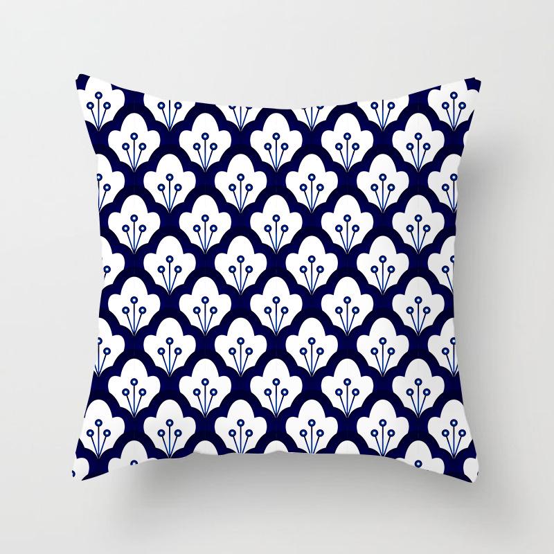 Peach Skin Pillowcase Blue and White Porcelain Geometric Print Abstract Sofa Cushion Cover Office Waist Pillow Cover