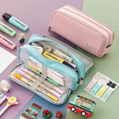 Double Open Student Pencil Bag Dirt Resistant Solid Color Large Capacity Multi Function Storage Bag Simple Travel Bag For Girl