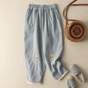 Pantaloni Harem in Lino di Cotone Ricamato da Donna, Pantaloni Estivi in Lino Artistici Larghi Casual Corti