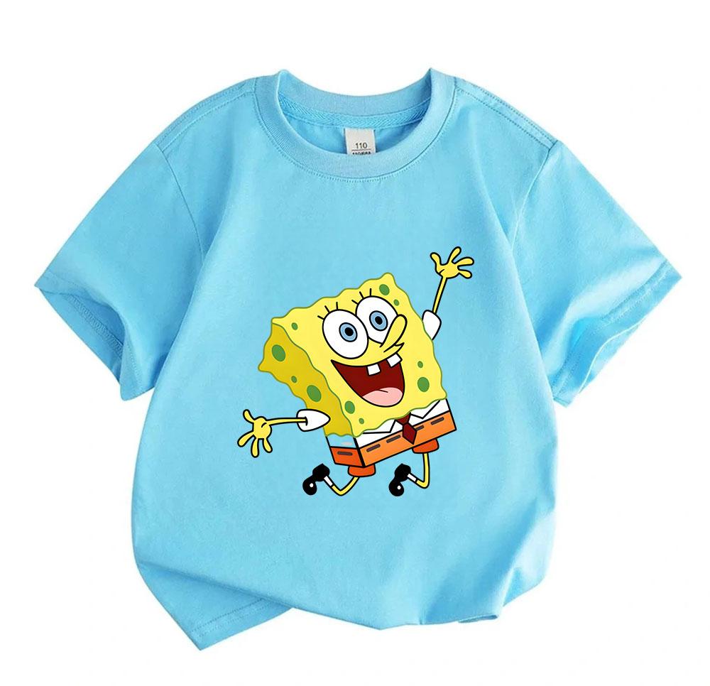 Kids Boys Girls 100% Cotton Crew Neck Short Sleeve T-shirt, Cute Happy Yellow Sponge Print Casual Lightweight Breathable Summer Tops for Children Dail