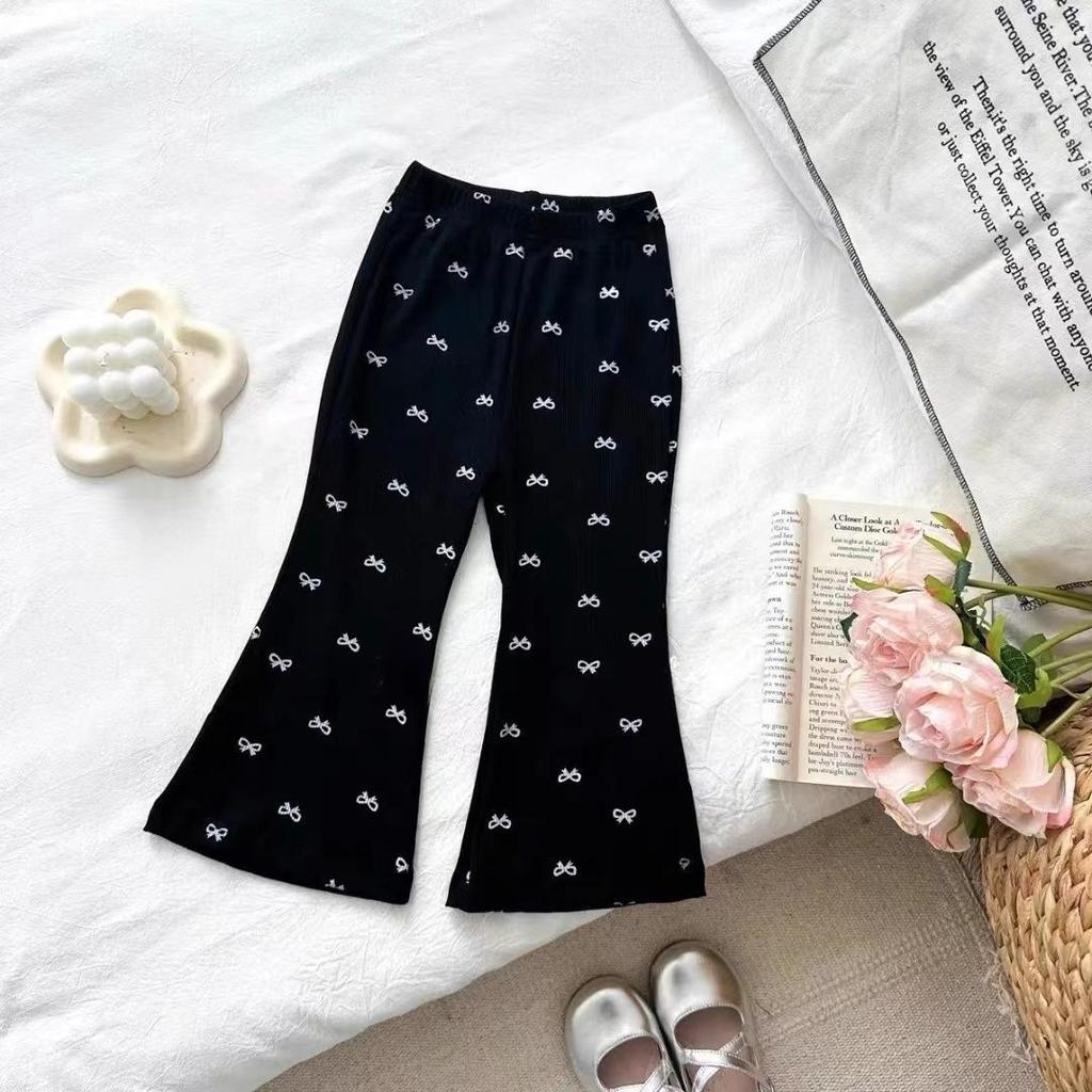 Girls Korean Cartoon Print Flare Pants Autumn Casual Chic Wide Leg Trousers for Kids